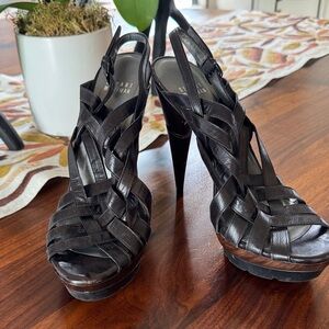 Stuart Weitzman Bl Woven Leather High-Heel Sandals: dark brown